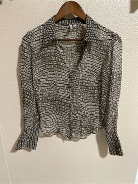 Parameter Semi-Sheer Brown Patterned Button-Front Silk Blouse